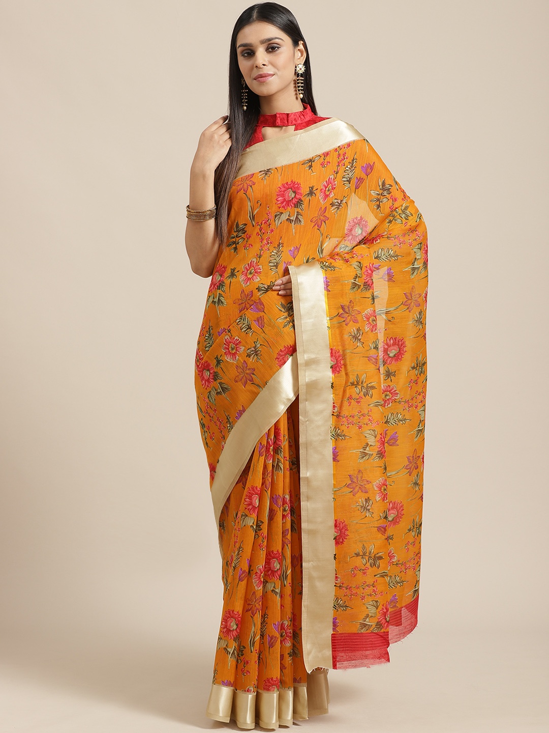 

Saree mall Mustard Yellow & Red Floral Print Saree