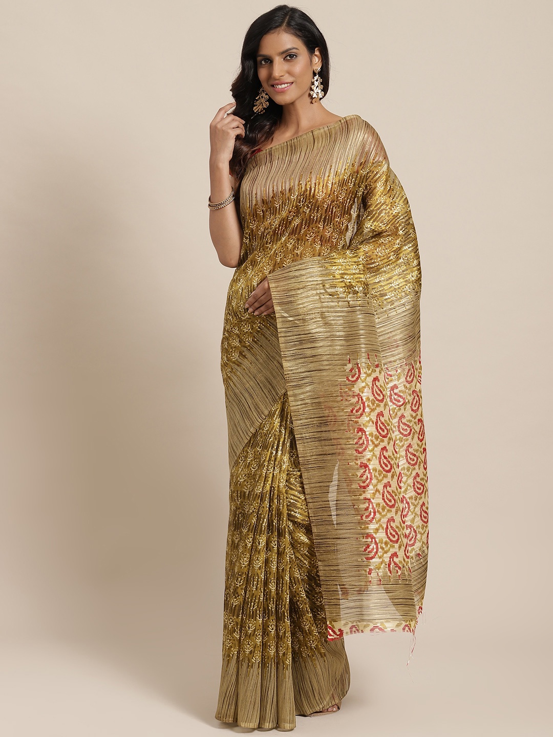 

Saree mall Olive Green & Beige Printed Saree