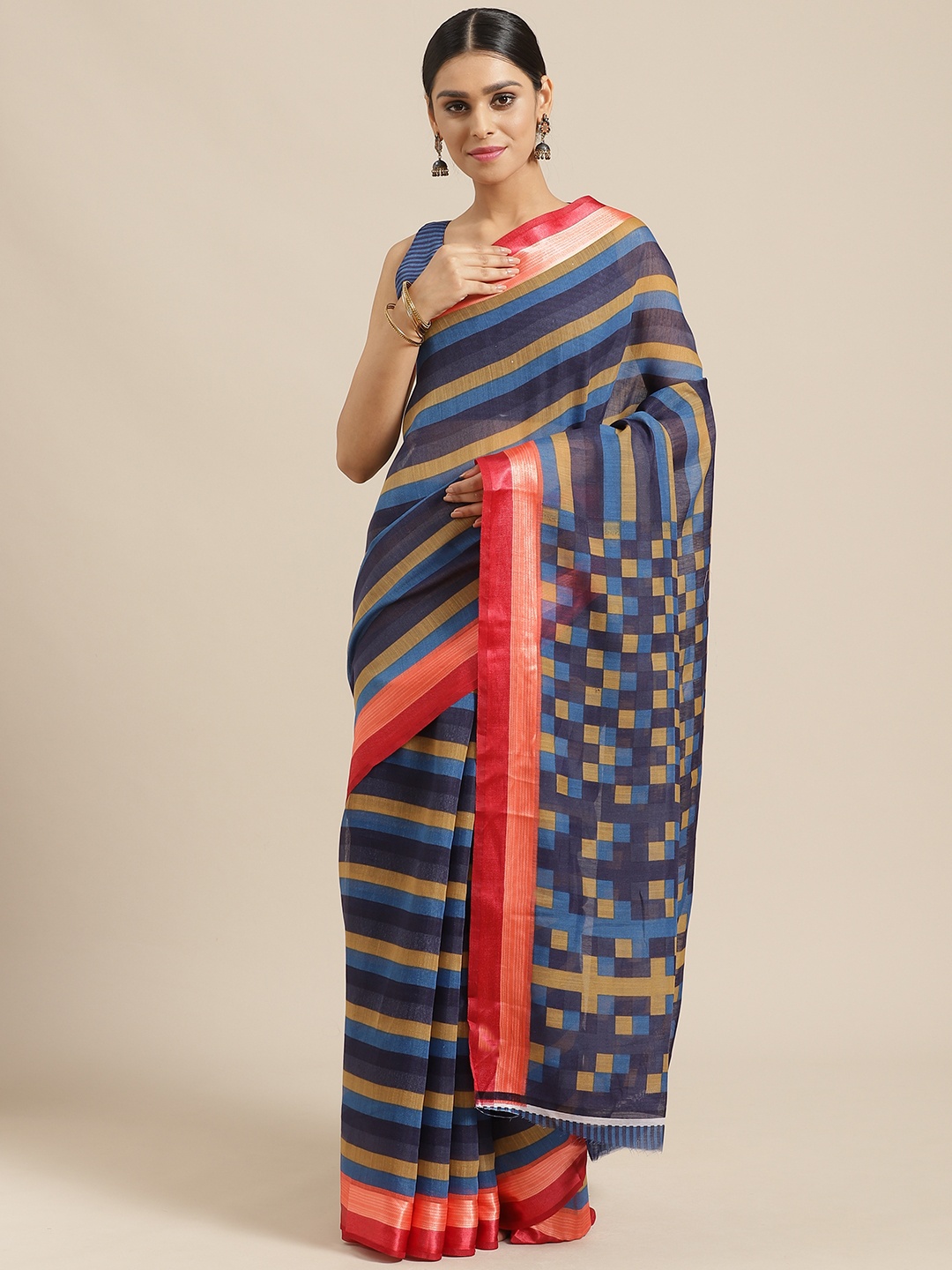 

Saree mall Blue & Beige Striped Saree