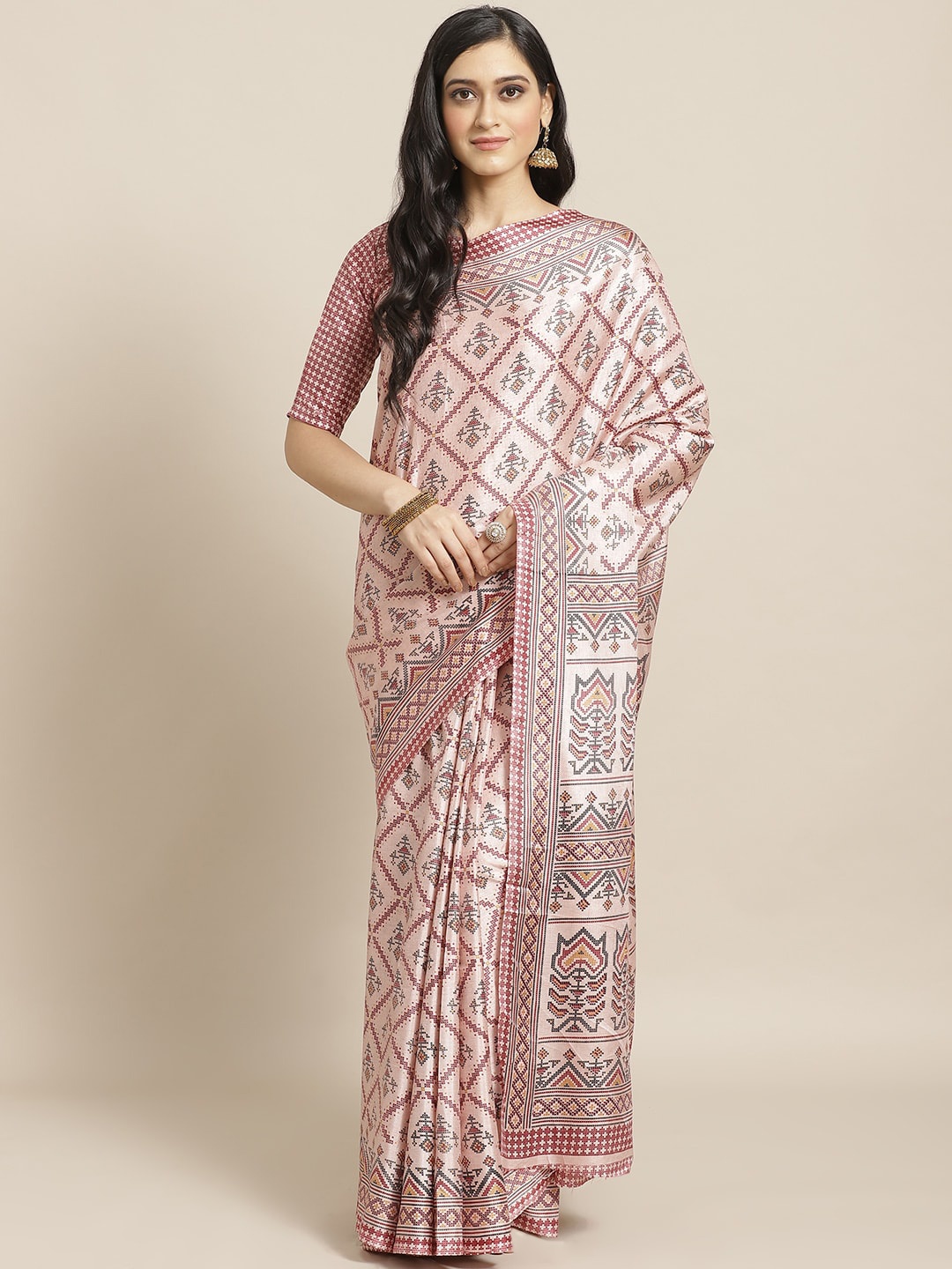 

Saree mall Pink & Maroon Geometric Printed Saree