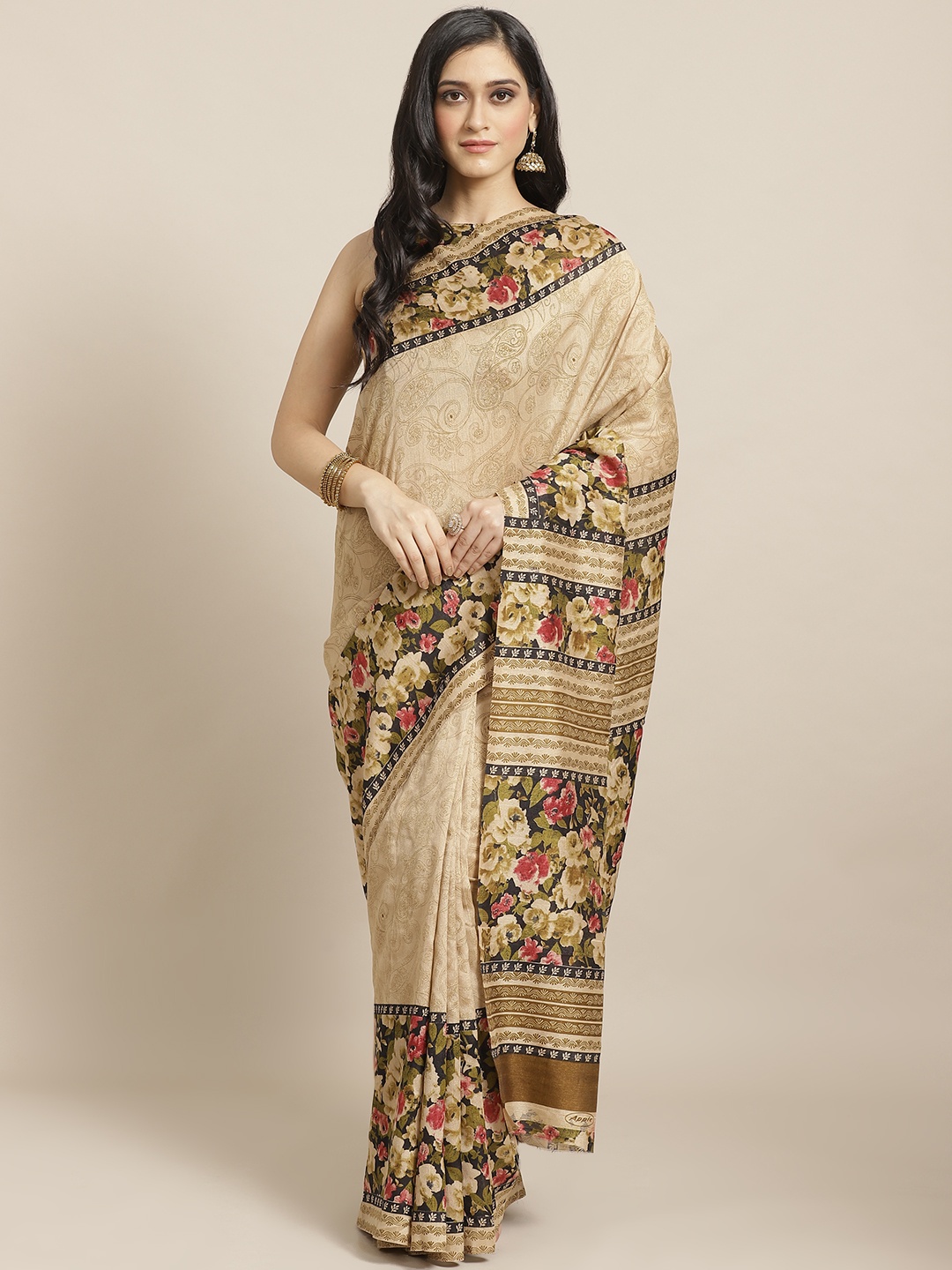 

Saree mall Beige & Olive Green Paisley & Floral Printed Saree