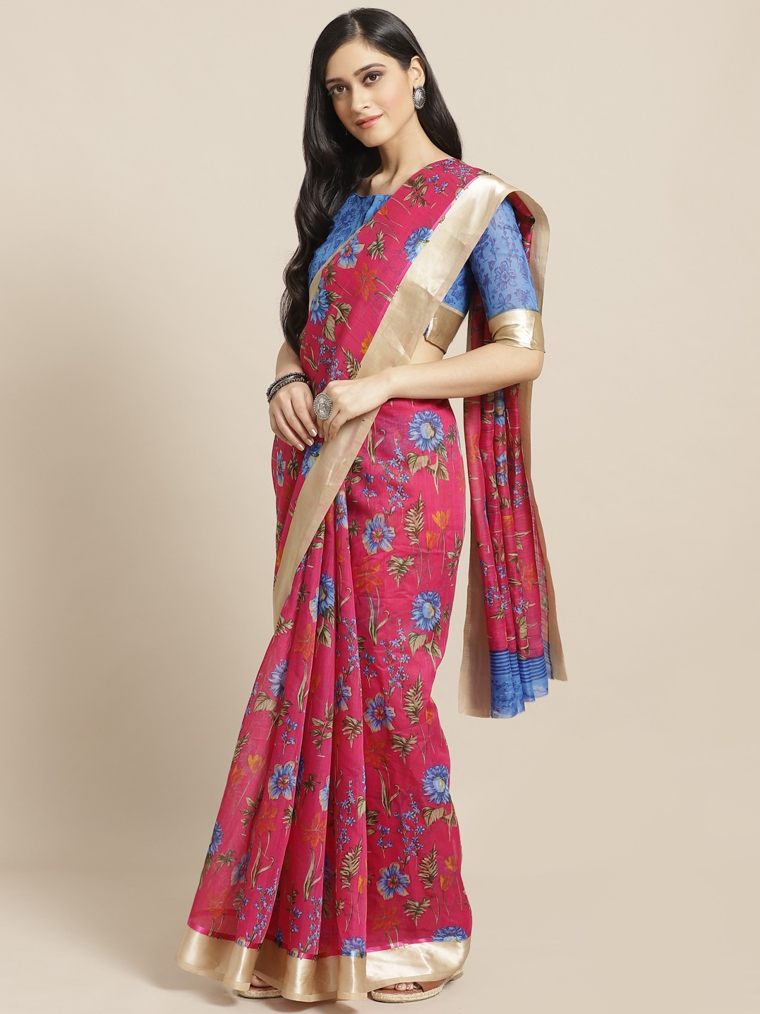 

Saree mall Pink & Blue Floral Print Saree