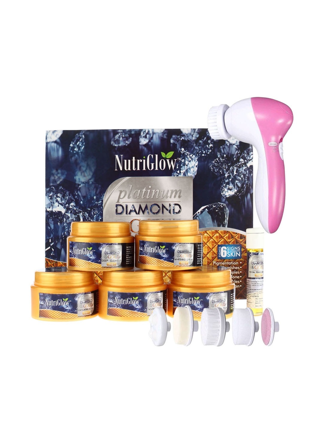 

NutriGlow Platinum Diamond & Gold Facial Kit 250g+10ml with 5 In 1 Portable Face Massager, Multi