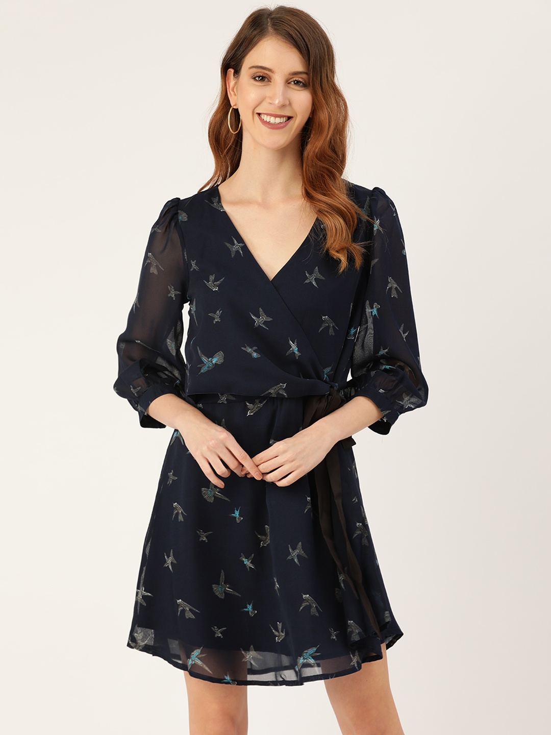 

Vaak Women Navy Blue Bird Print Wrap Dress