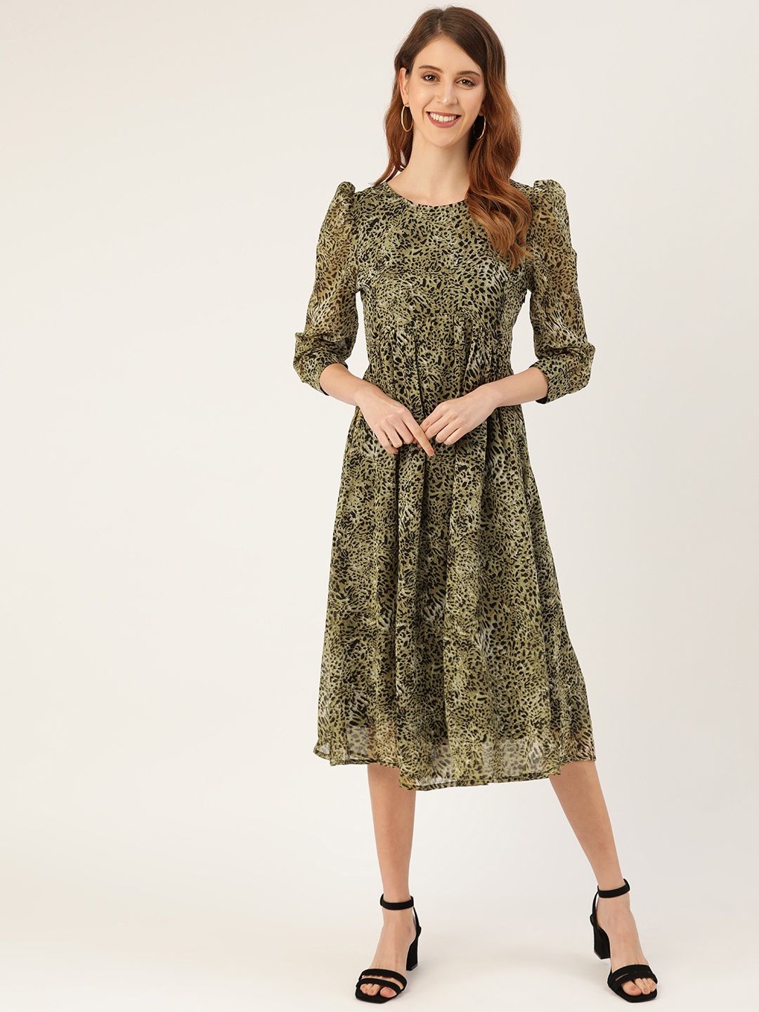 

Vaak Women Olive Green & Black Animal Print A-Line Dress