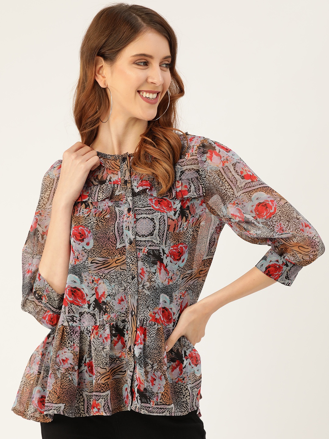 

Vaak Women Grey & Red Printed A-Line Top