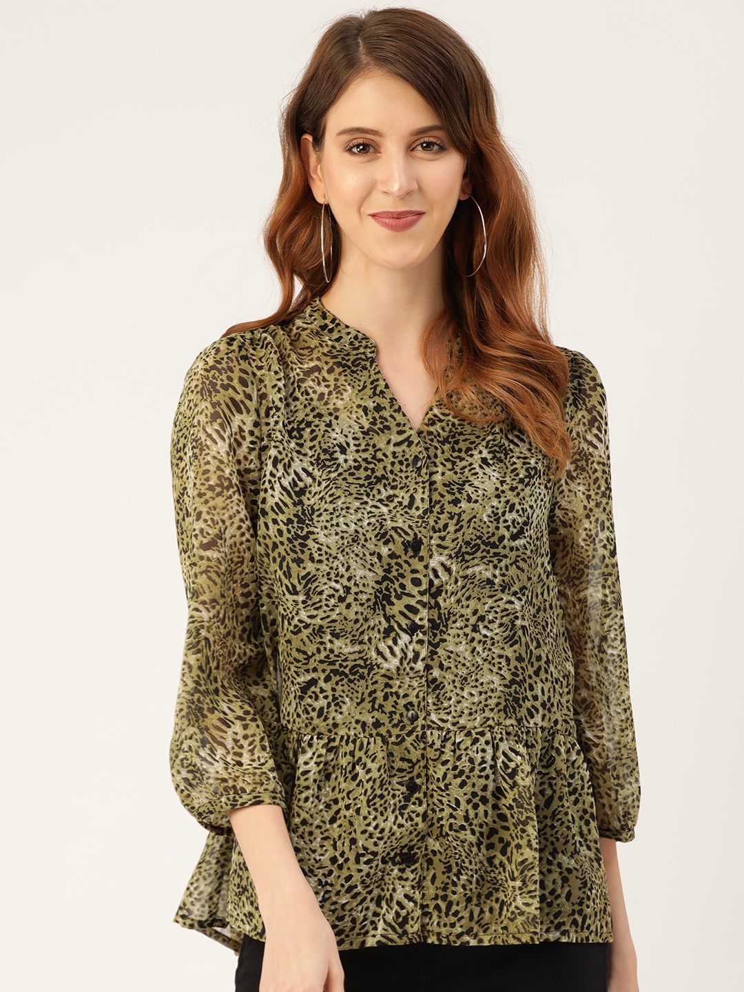 

Vaak Women Olive Green & Black Cheetah Print Peplum Top