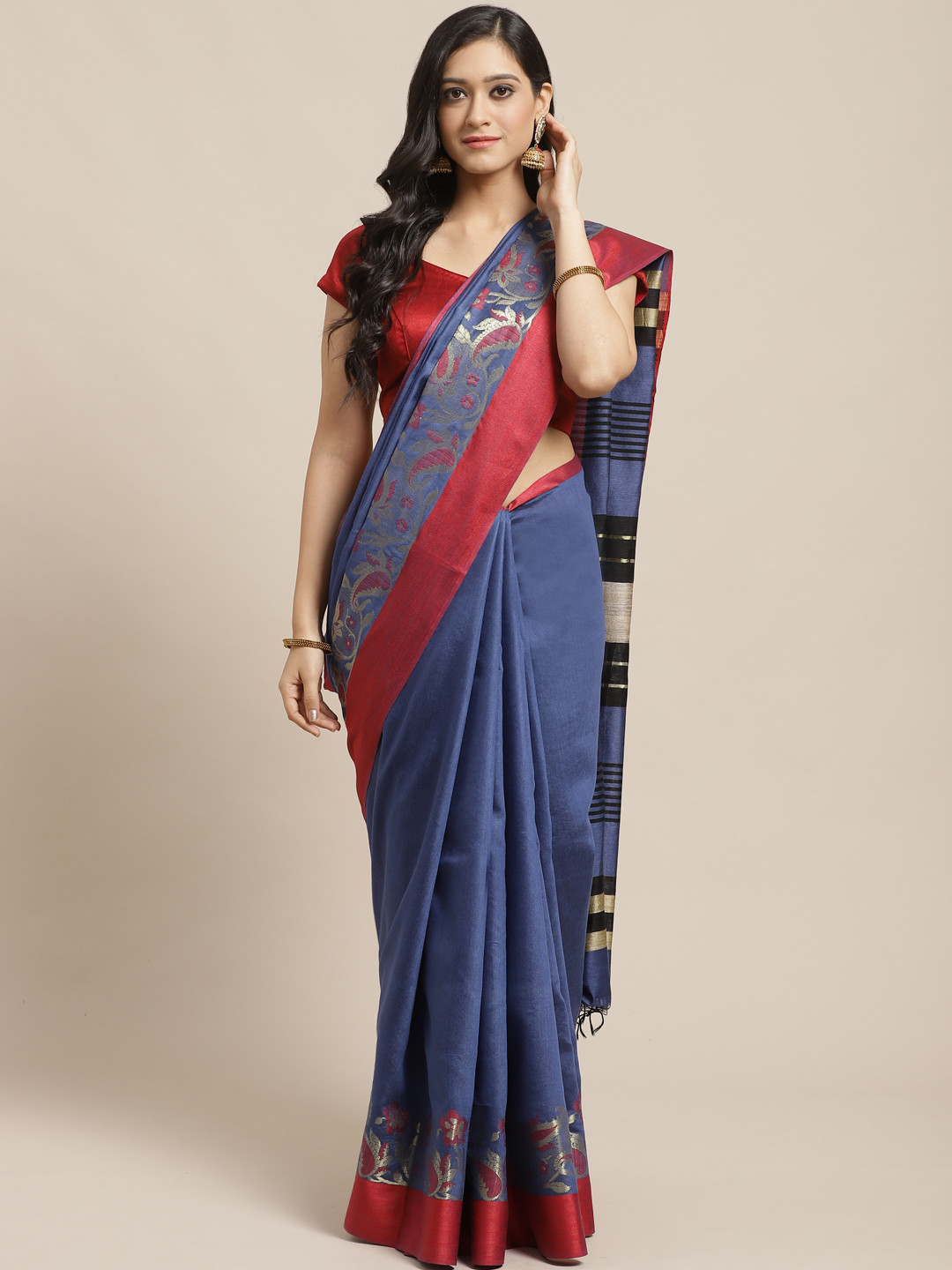 

swatika Blue & Red Handloom Woven Design Bhagalpuri Saree