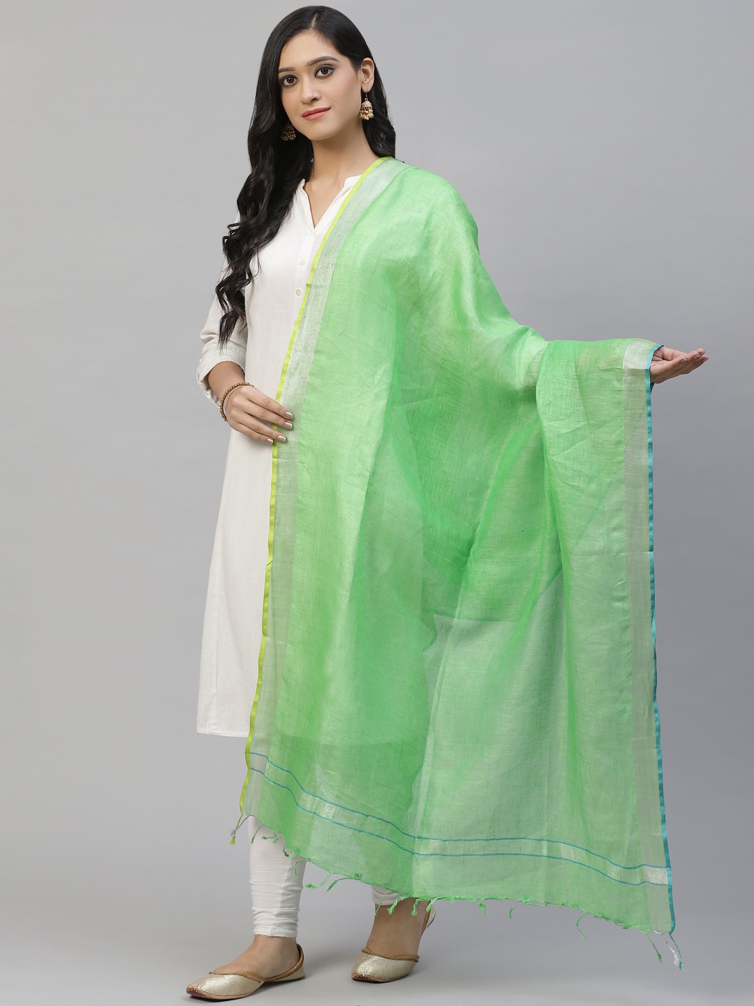 

swatika Green & Silver Hanloom Zari Solid Pure Linen Bhagalpuri Dupatta