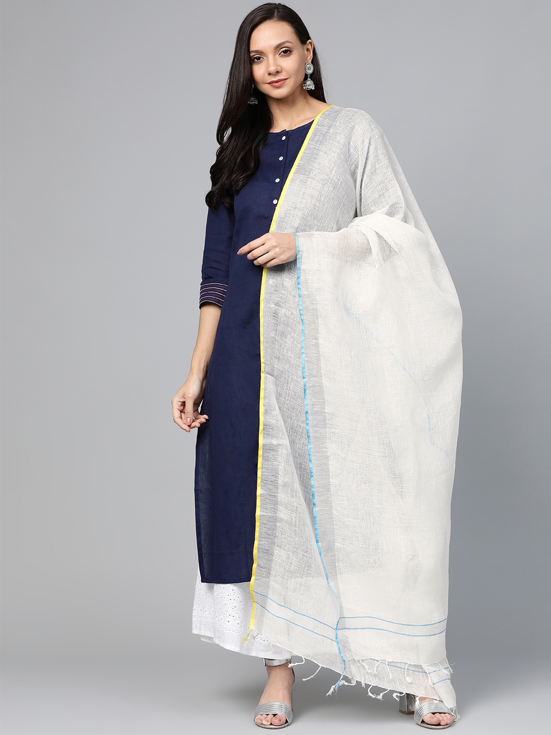 

swatika White & Blue Hanloom Zari Solid Pure Linen Bhagalpuri Dupatta