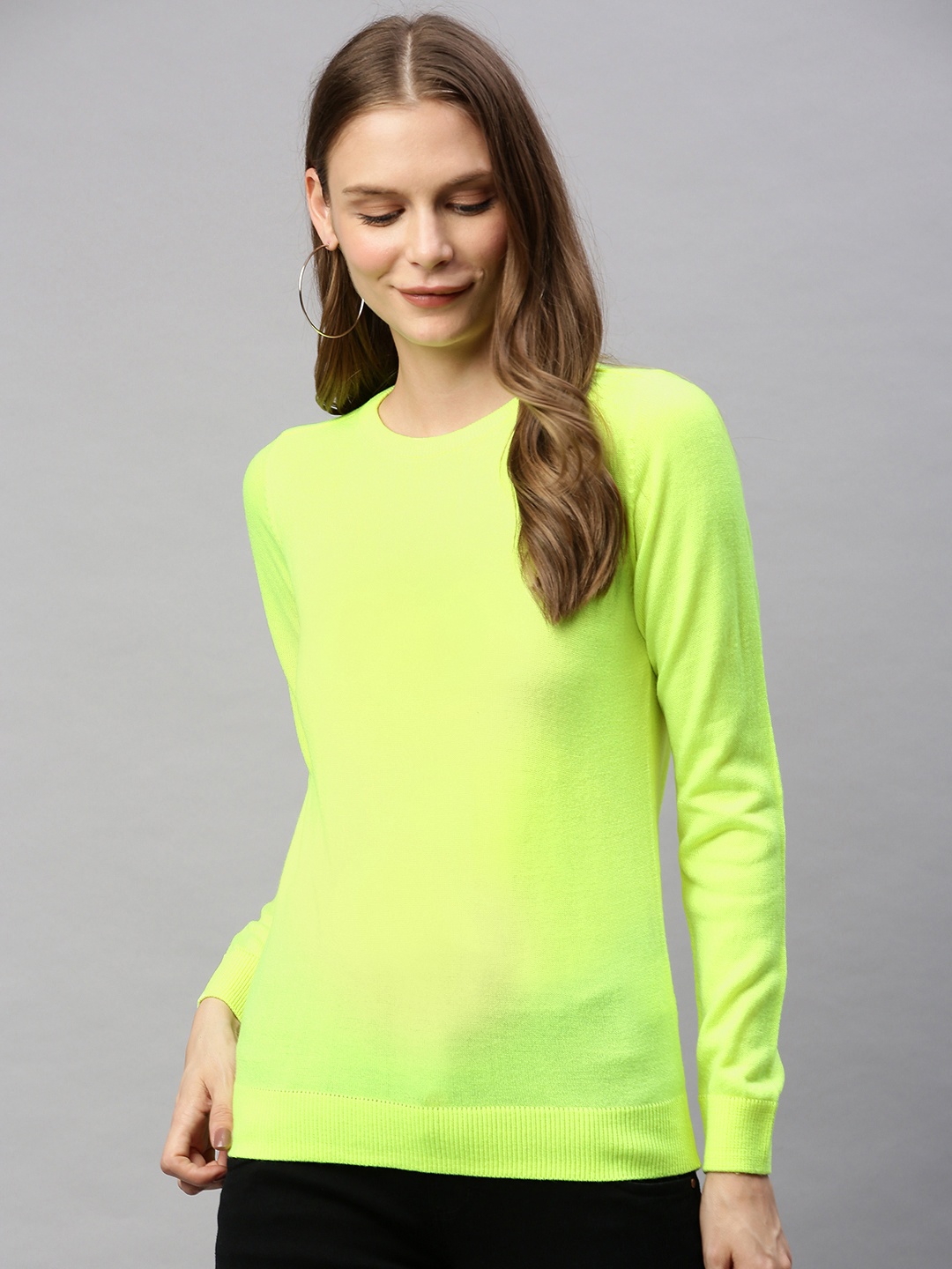 

HERE&NOW Women Fluorescent Green Solid Acrylic Sweater