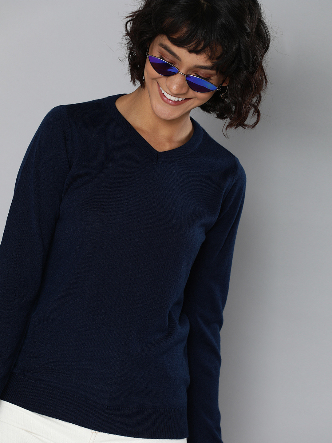 

HERE&NOW Women Navy Blue Solid Pullover Sweater