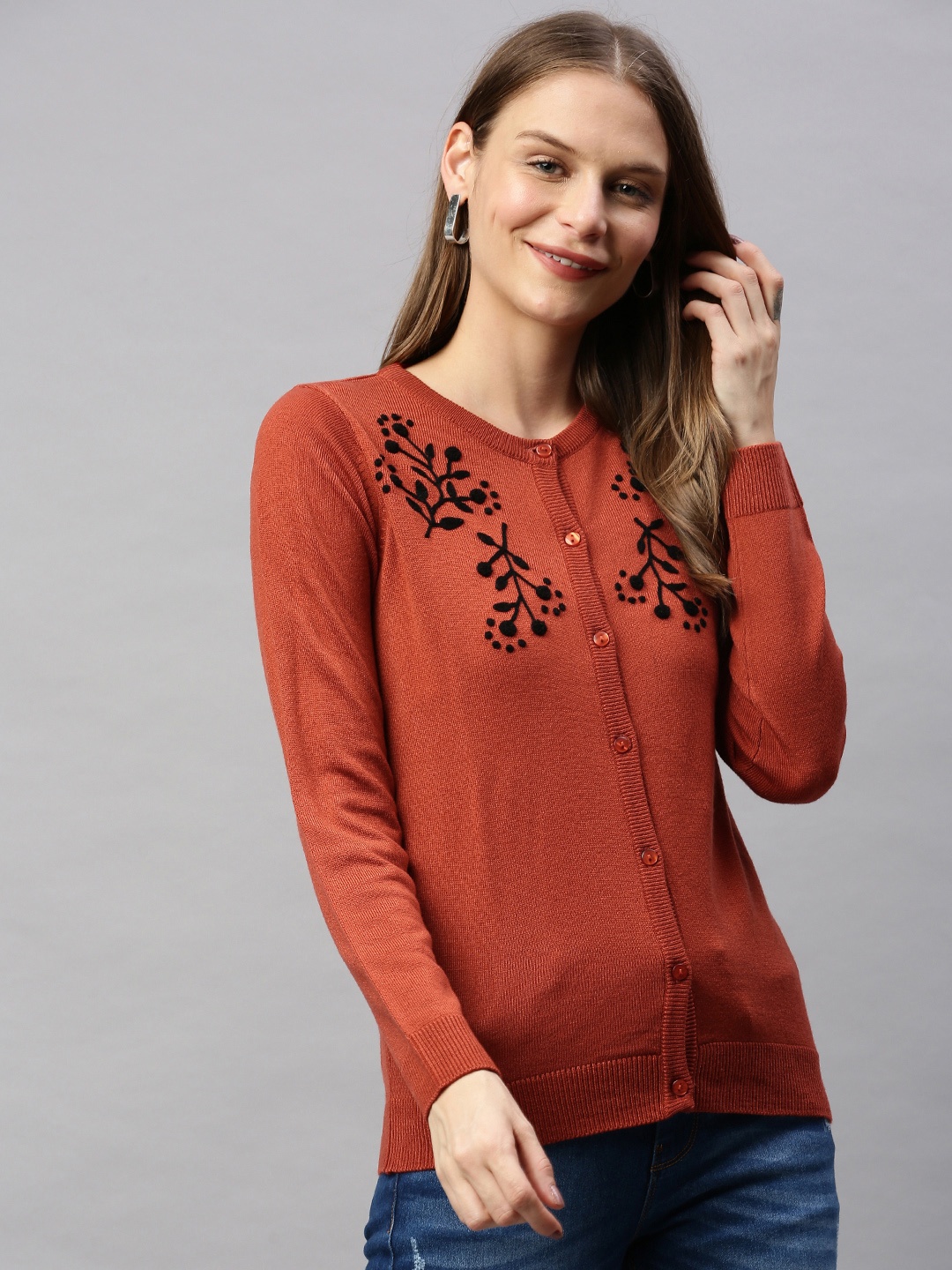 

HERE&NOW Women Rust Brown Embroidered Cardigan Sweater