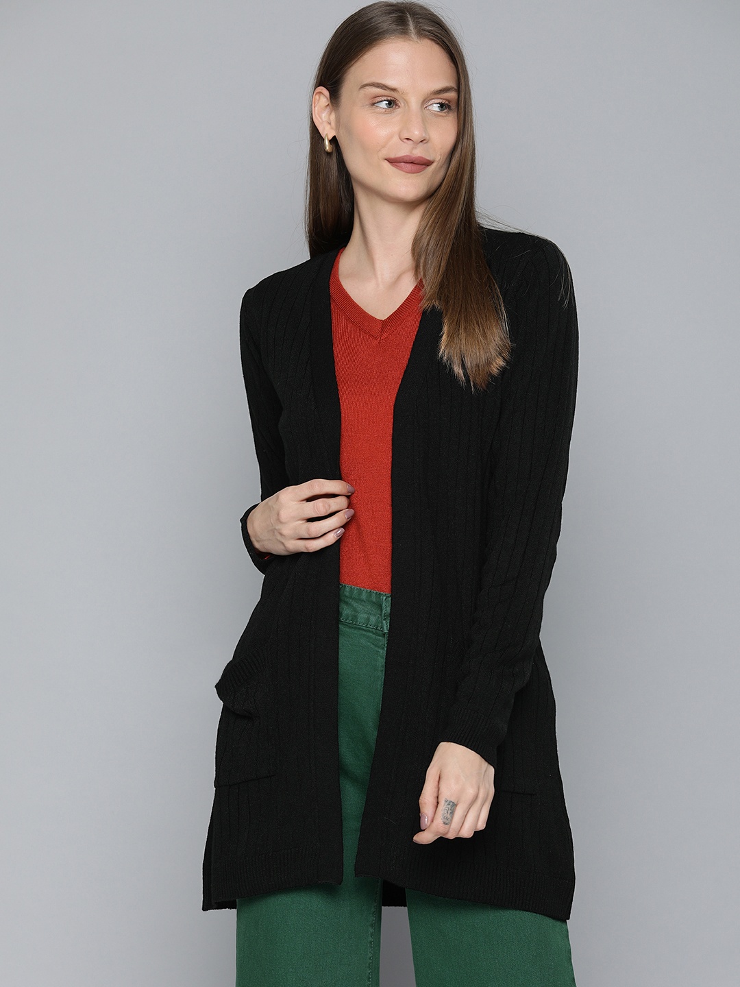 

HERE&NOW Women Black Self-Striped Front-Open Longline Sweater