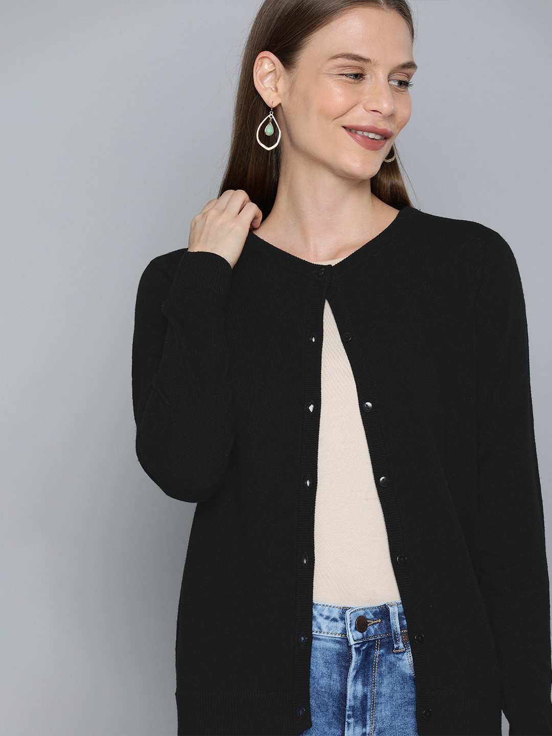 

HERE&NOW Women Black Solid Cardigan Sweater