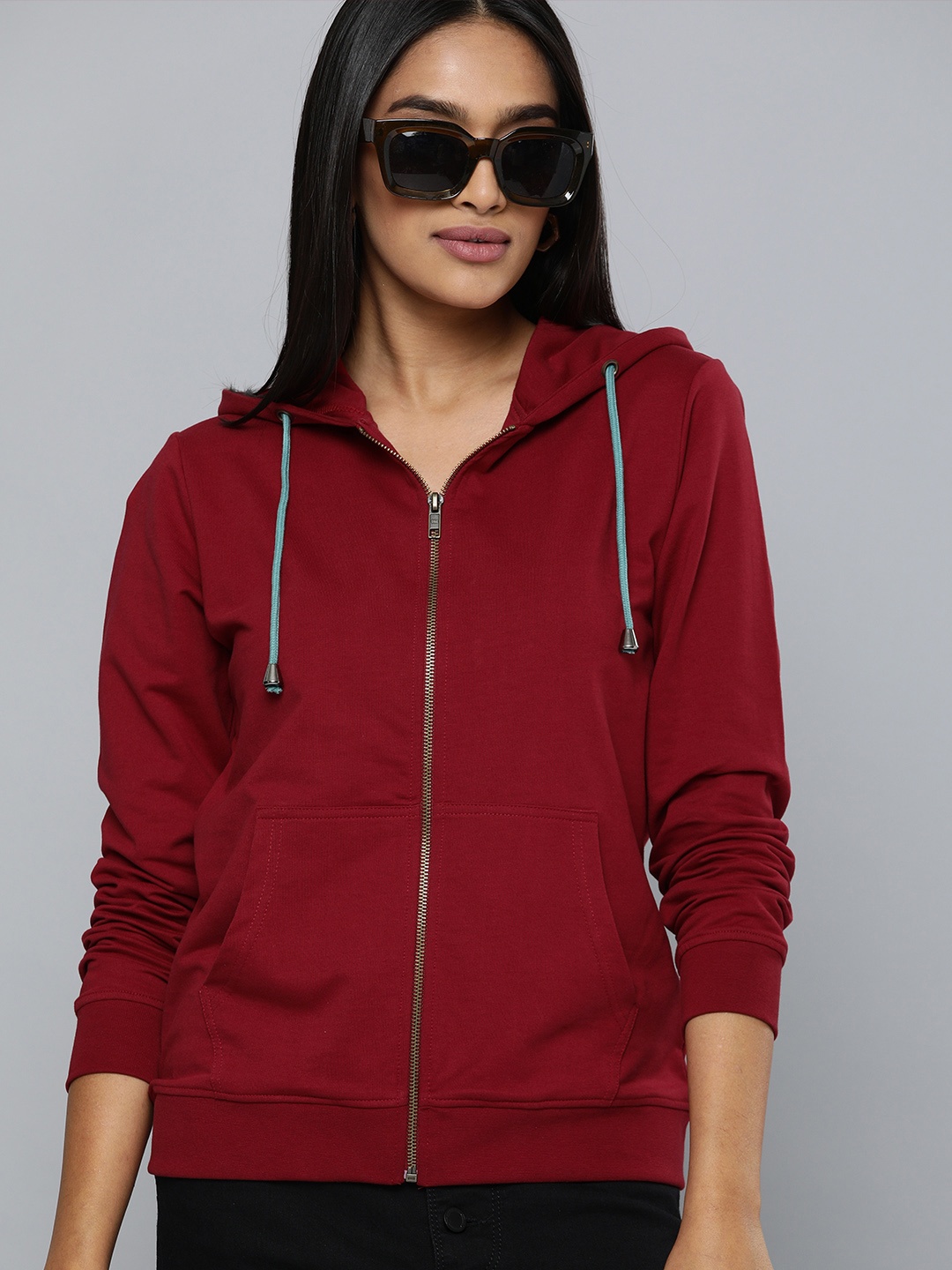 

HERE&NOW Women Maroon Solid Hooded Sweatshirt