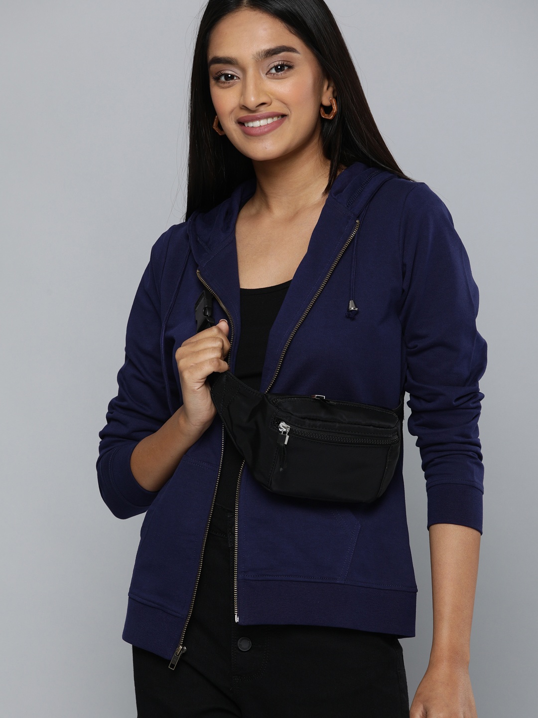 

HERE&NOW Women Navy Blue Solid Hooded Sweatshirt