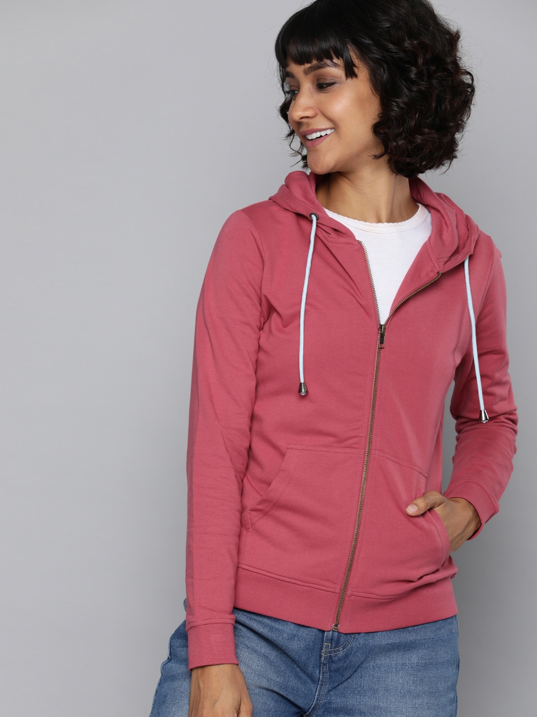 

HERE&NOW Women Pink Solid Hooded Sweatshirt