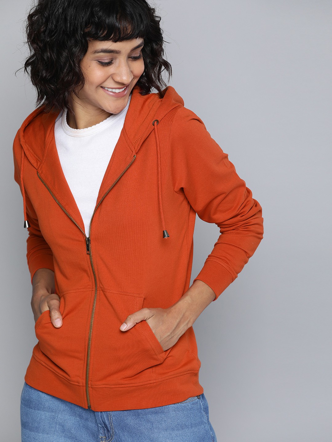 

HERE&NOW Women Rust Orange Solid Hooded Sweatshirt