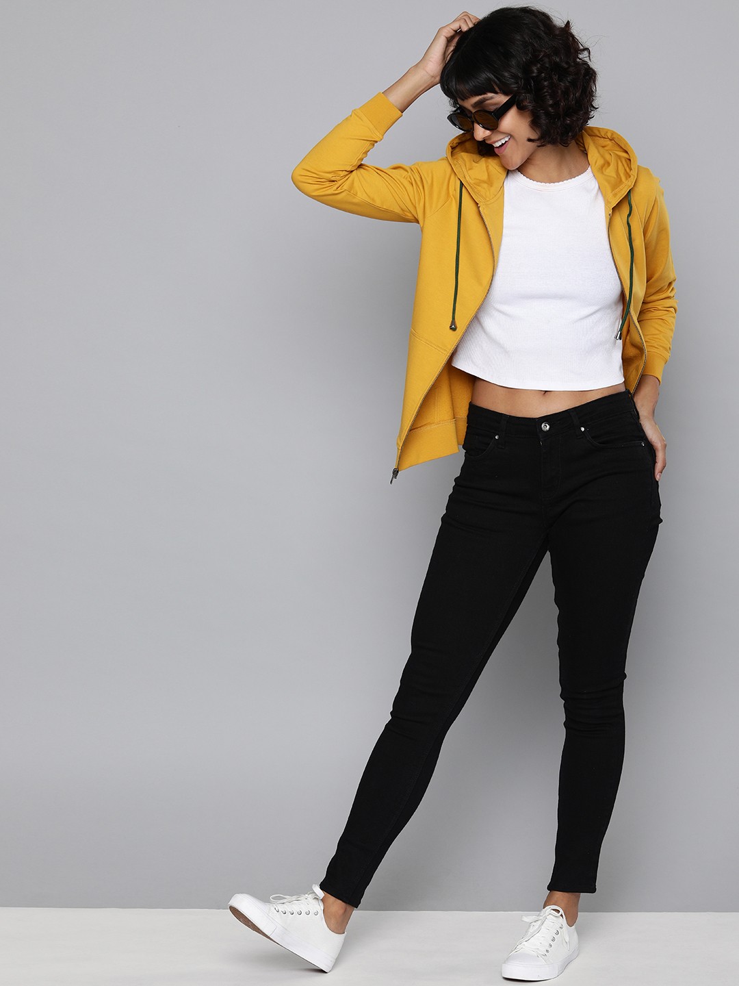 

HERE&NOW Women Yellow Solid Hooded Sweatshirt