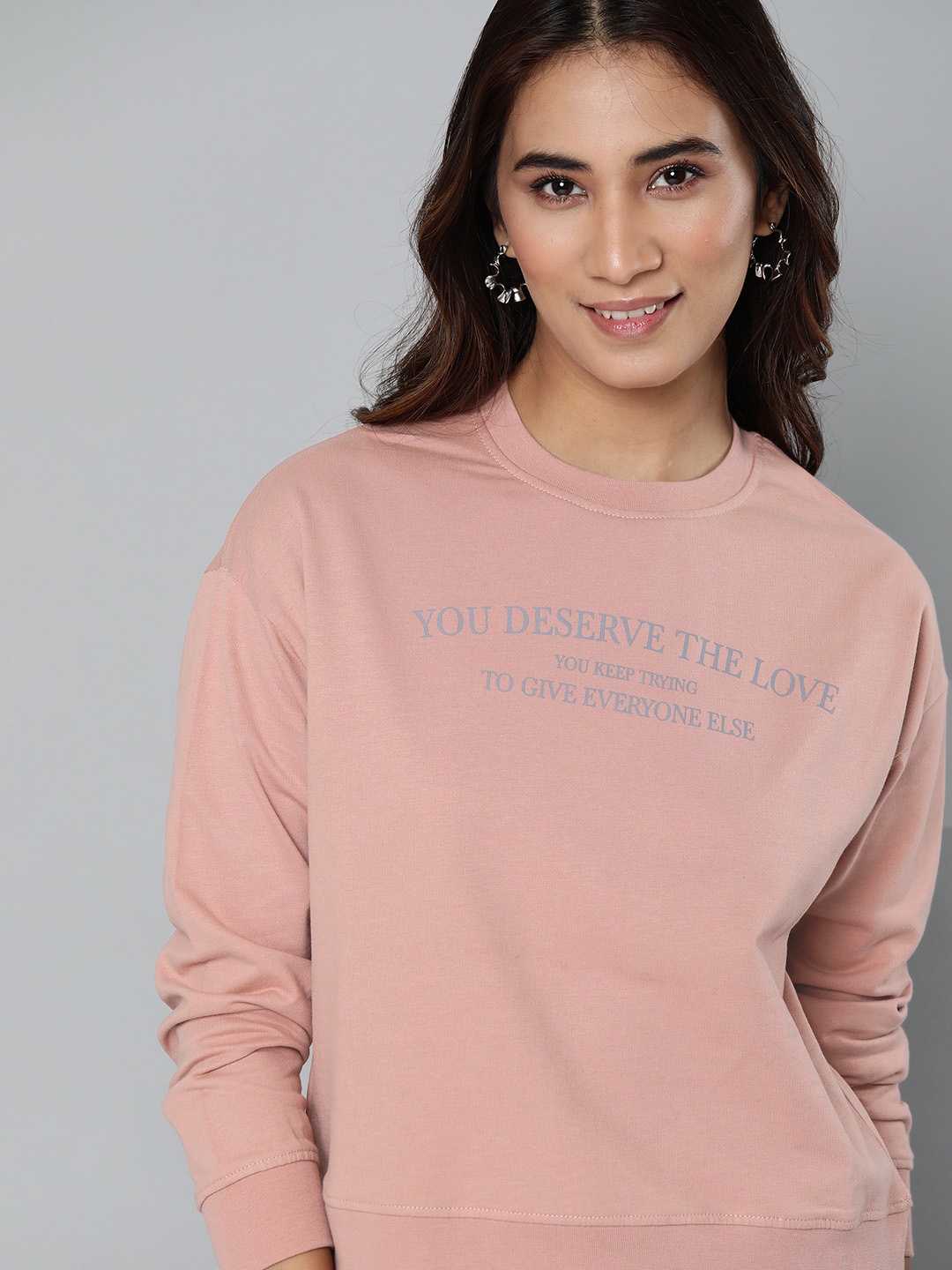 

HERE&NOW Women Pink Solid Sweatshirt with Printed Detail