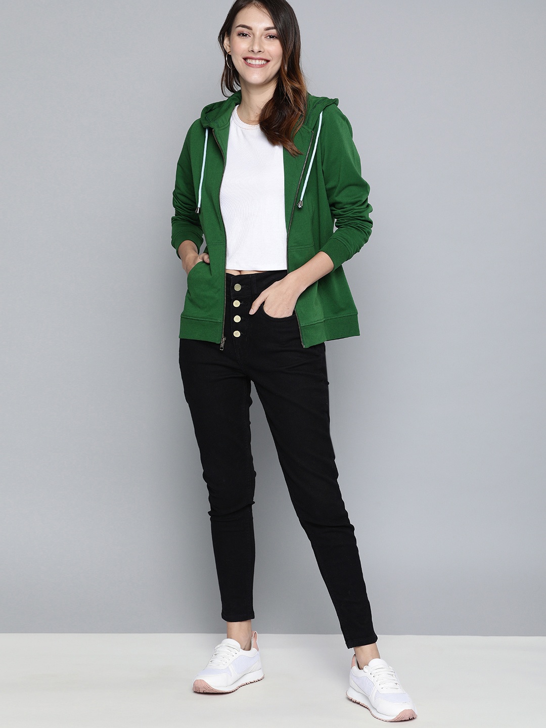 

HERE&NOW Women Green Solid Hooded Sweatshirt