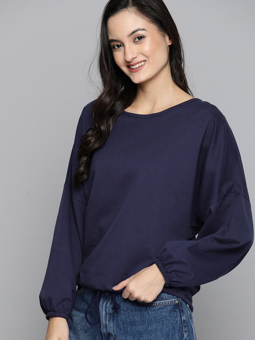 

HERE&NOW Women Navy Blue Solid Sweatshirt