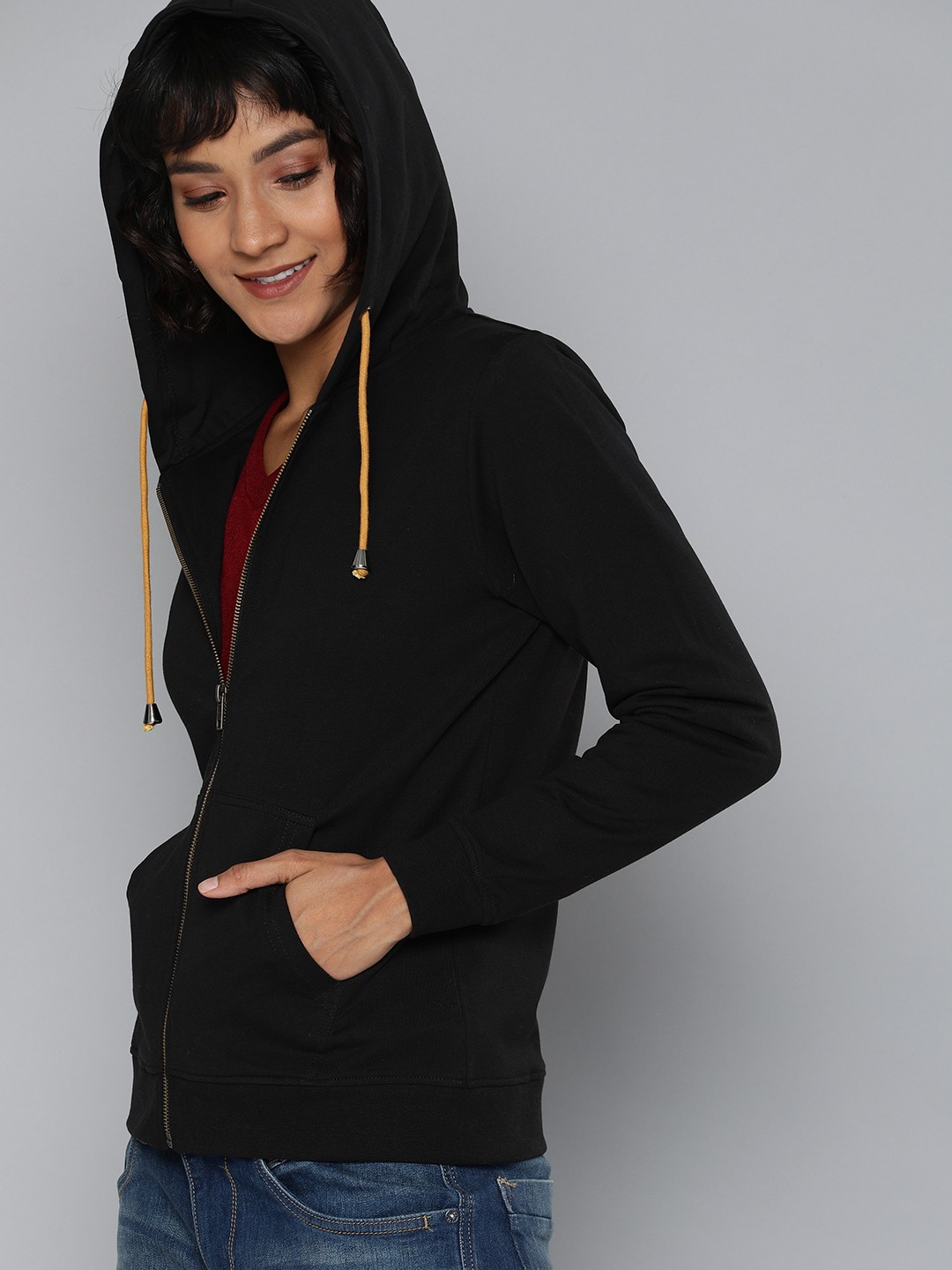 

HERE&NOW Women Black Solid Hooded Sweatshirt