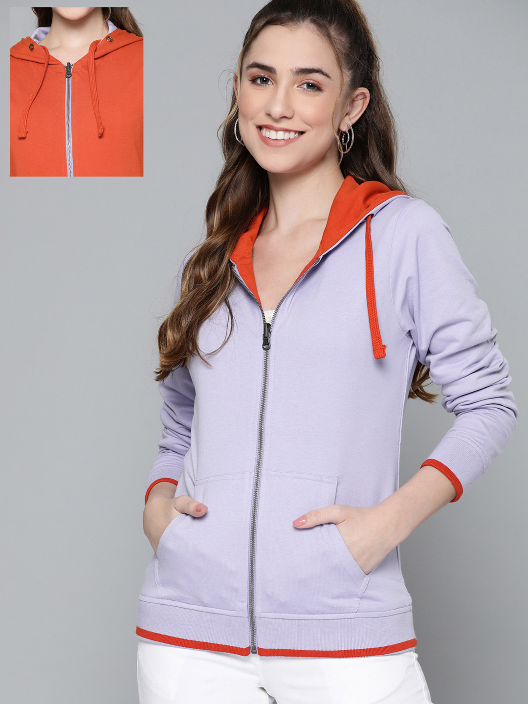 

HERE&NOW Women Lavender & Rust Orange Reversible Pure Cotton Solid Hooded Sweatshirt