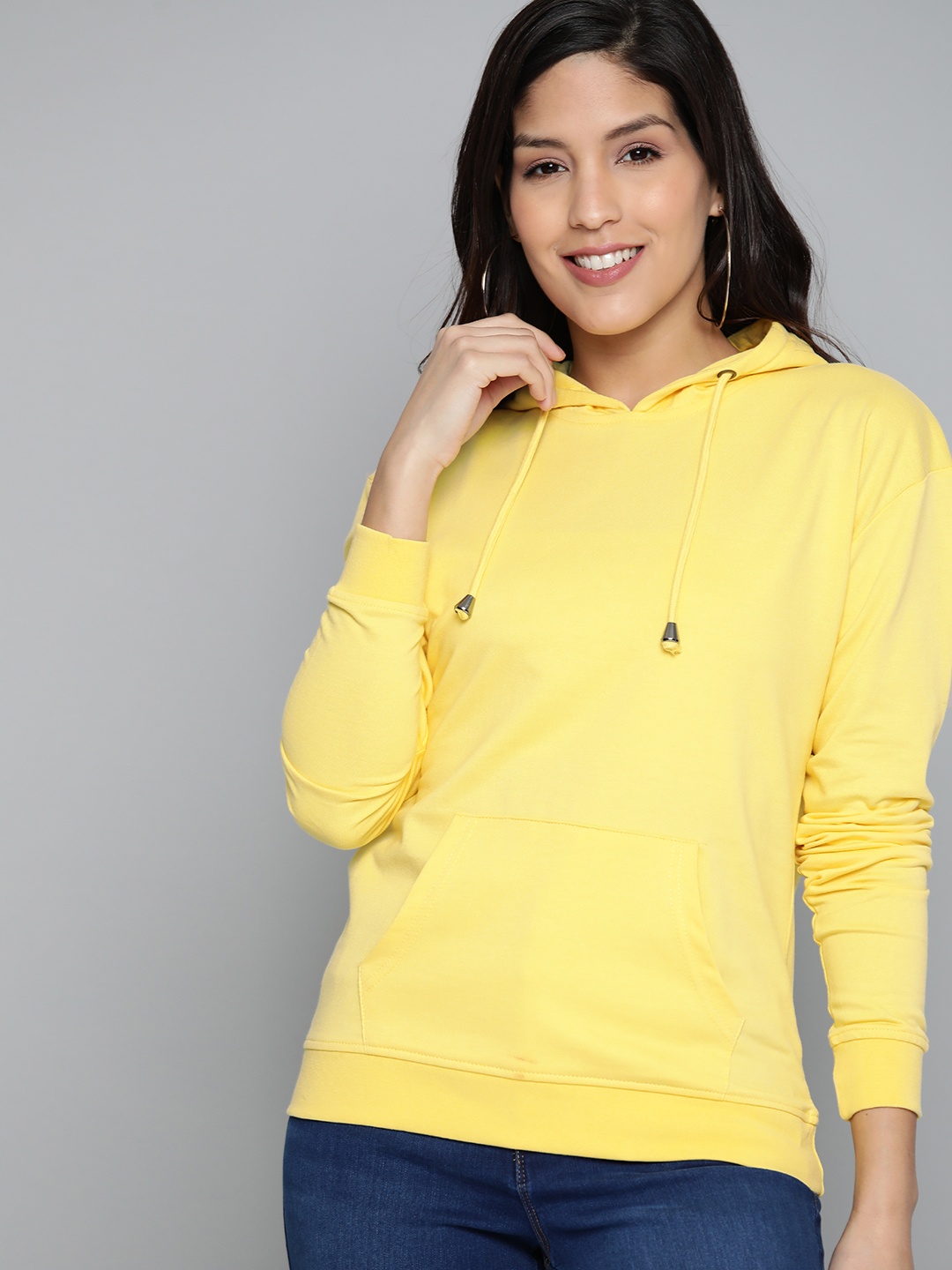 

HERE&NOW Women Yellow Solid Hooded Sweatshirt