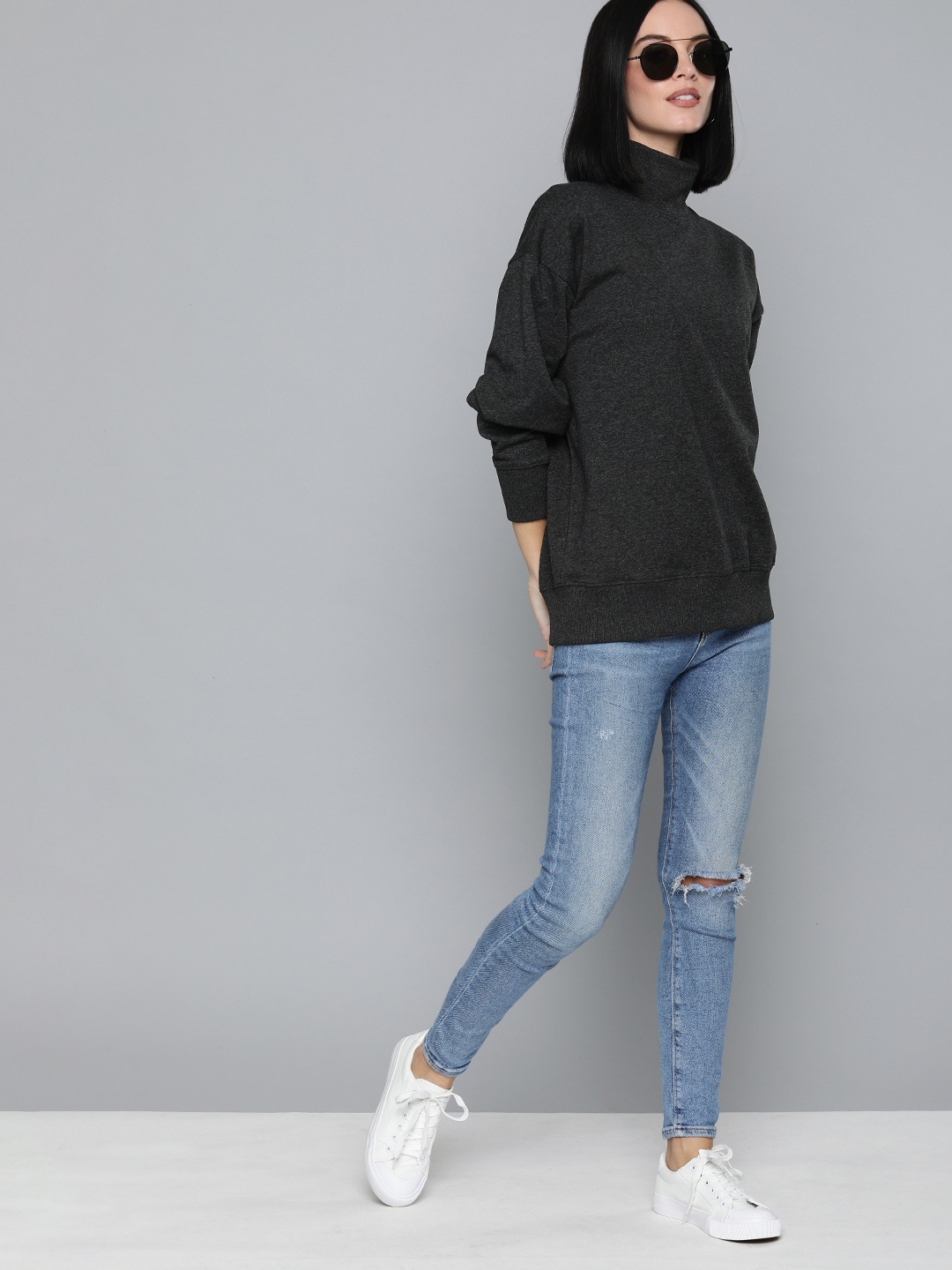 

HERE&NOW Women Charcoal Solid Sweatshirt
