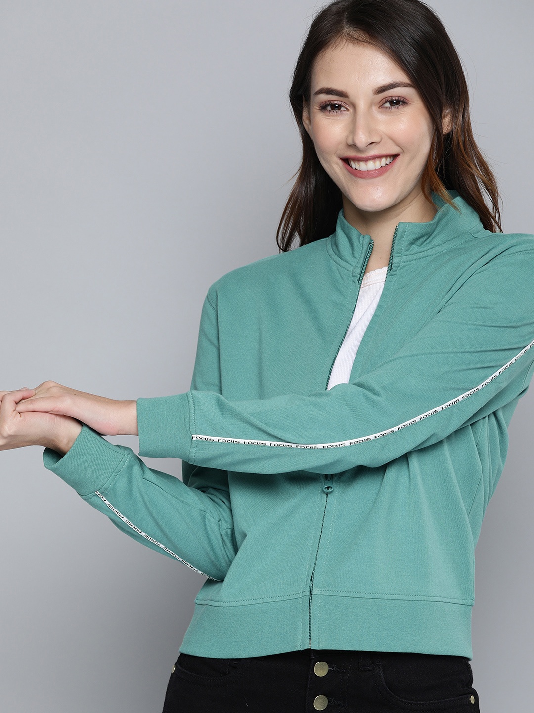 

HERE&NOW Women Green Solid Sweatshirt with Side Panel