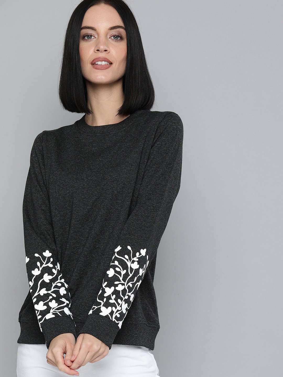 

HERE&NOW Women Charcoal & White Printed Sweatshirt