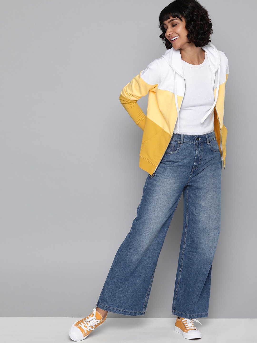 

HERE&NOW Women Yellow & White Colourblocked Hooded Sweatshirt