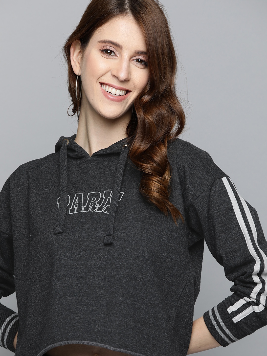 

HERE&NOW Women Charcoal Grey Solid Hooded Sweatshirt