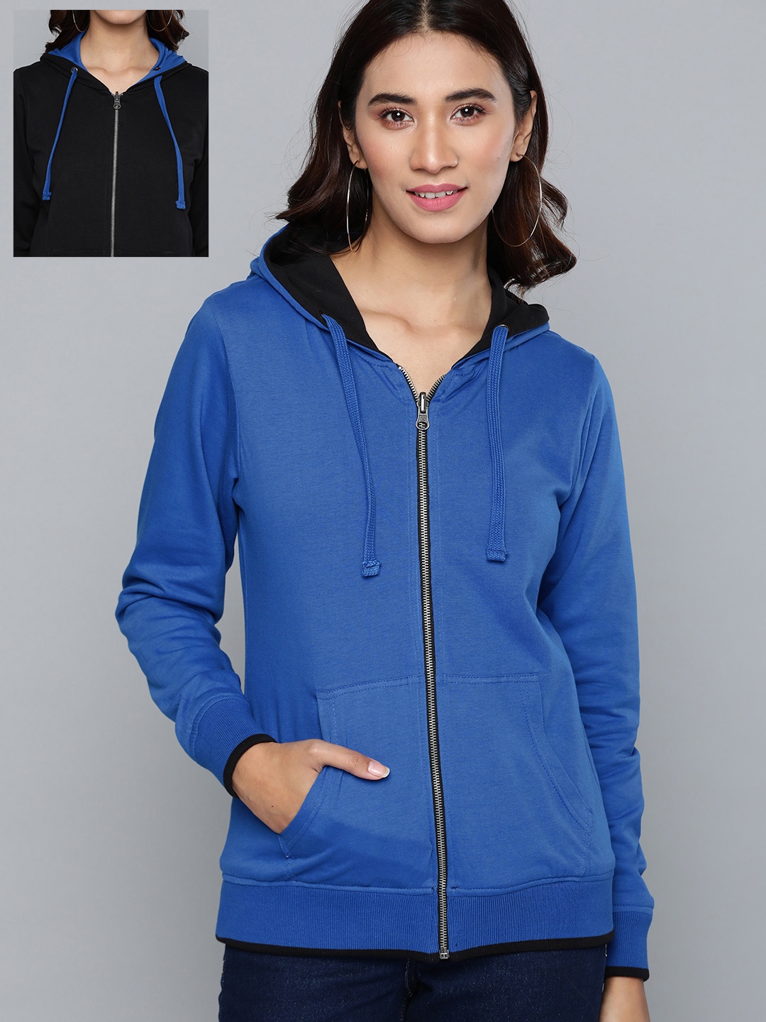 

HERE&NOW Women Blue & Black Cotton Solid Reversible Hooded Sweatshirt