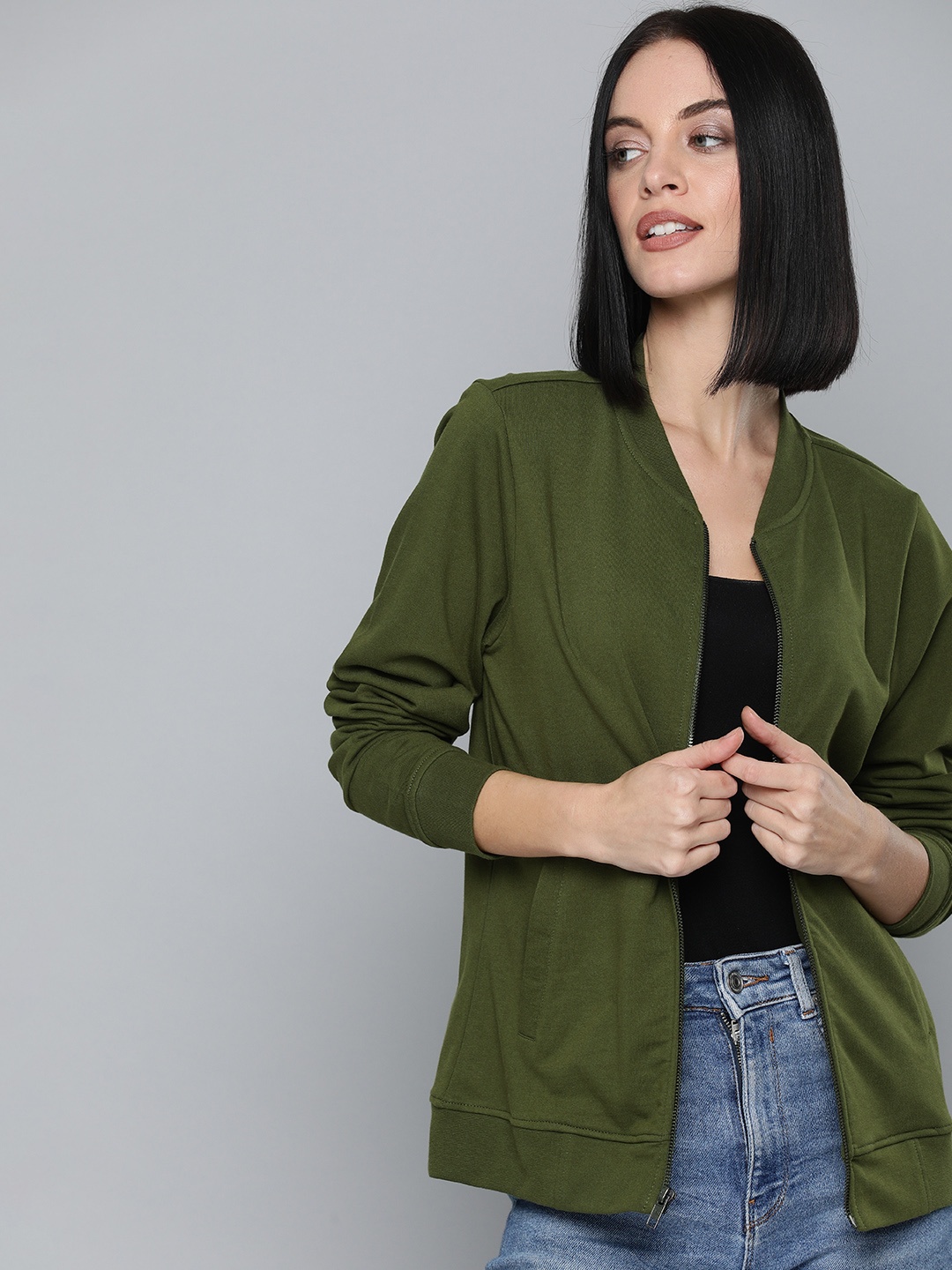 

HERE&NOW Women Olive Green Solid Sweatshirt