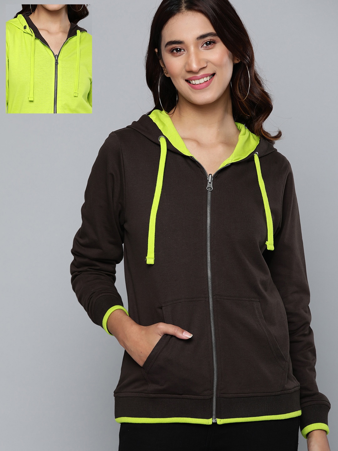 

HERE&NOW Women Olive Brown & Neon Green Cotton Solid Reversible Hooded Sweatshirt