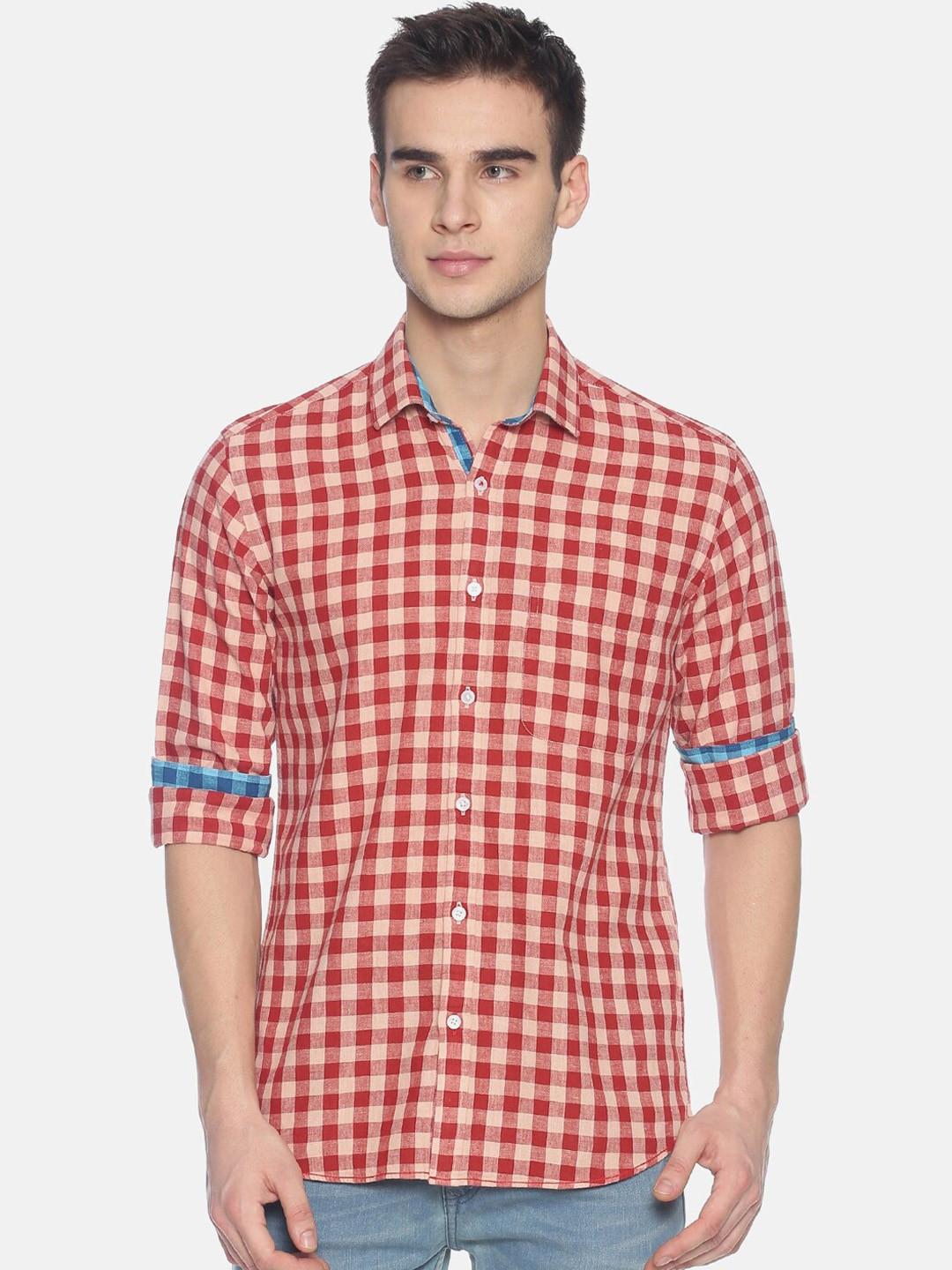 

CAVALLO by Linen Club Men Cotton Linen Red Regular Fit Anti-Bacterial Checked Sustainable Casual Shirt