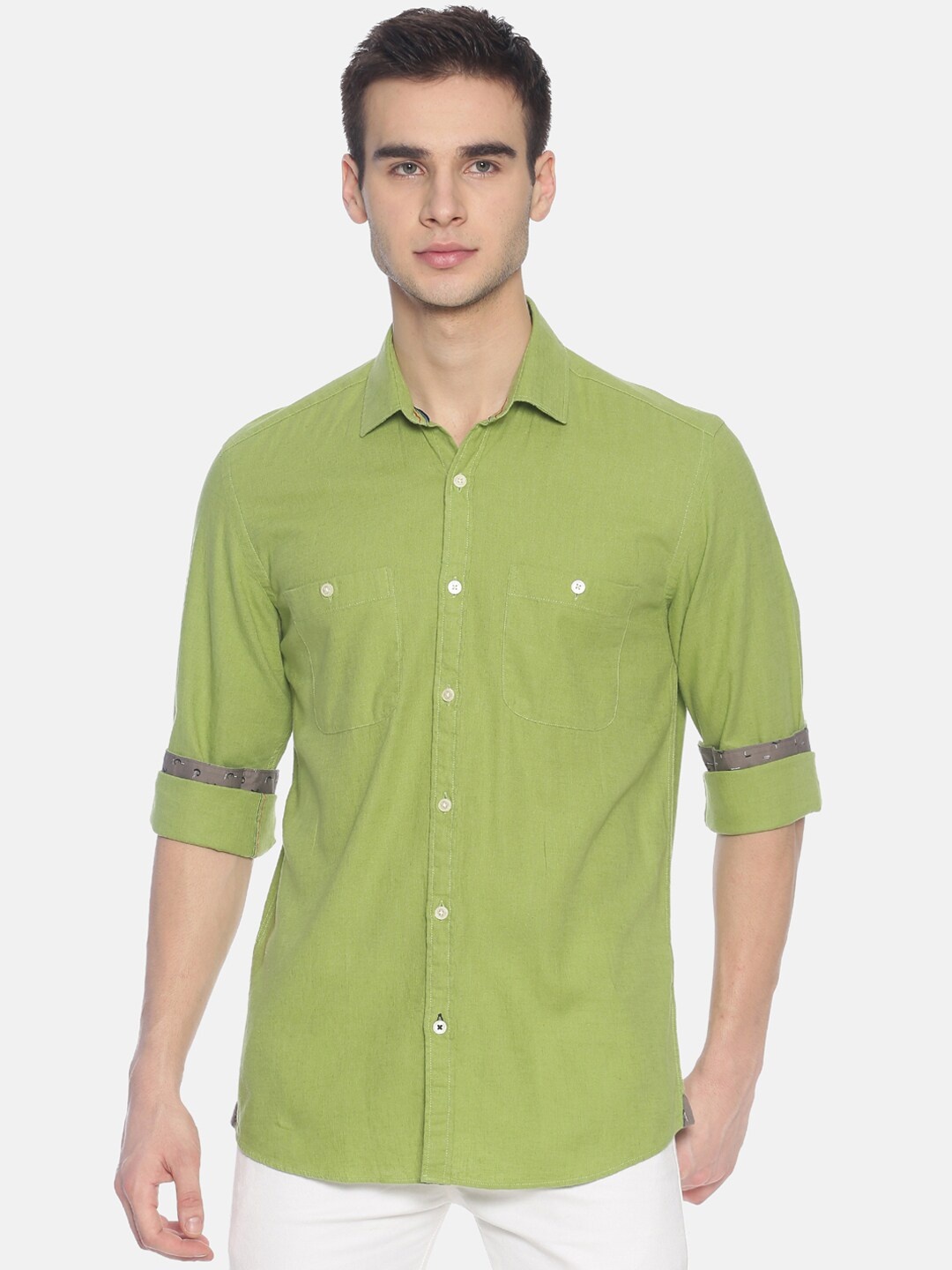 

CAVALLO by Linen Club Men Linen Cotton Green Regular Fit Solid Sustainable Casual Shirt