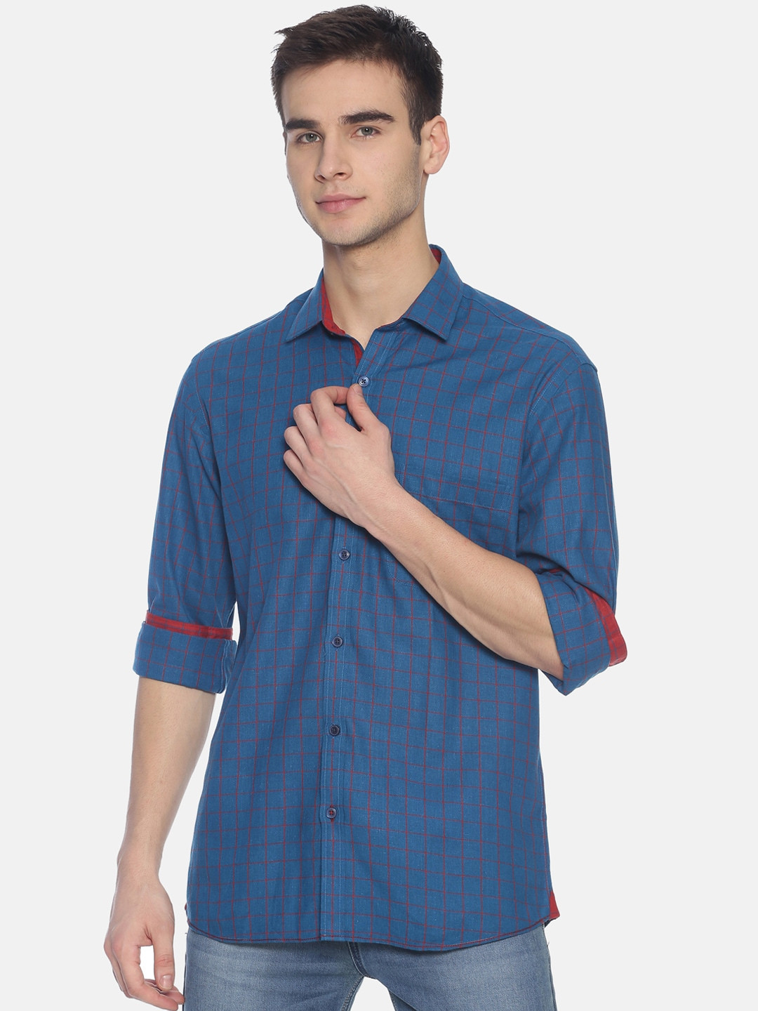 

CAVALLO by Linen Club Men Navy Blue & Red Linen Cotton Checked Sustainable Casual Shirt