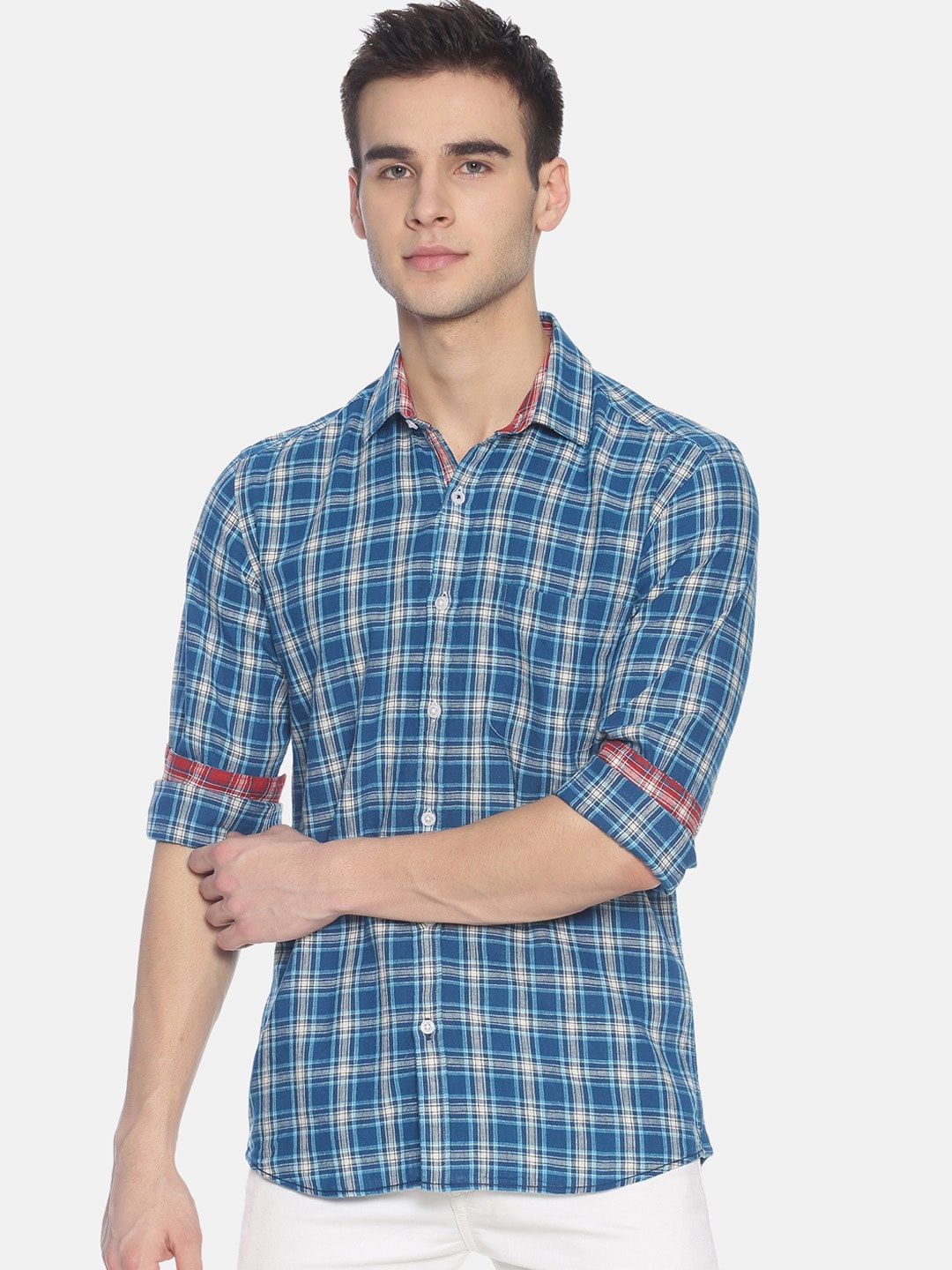 

CAVALLO by Linen Club Men Cotton Linen Blue & White Anti-Bacterial Regular Fit Checked Sustainable Casual Shirt