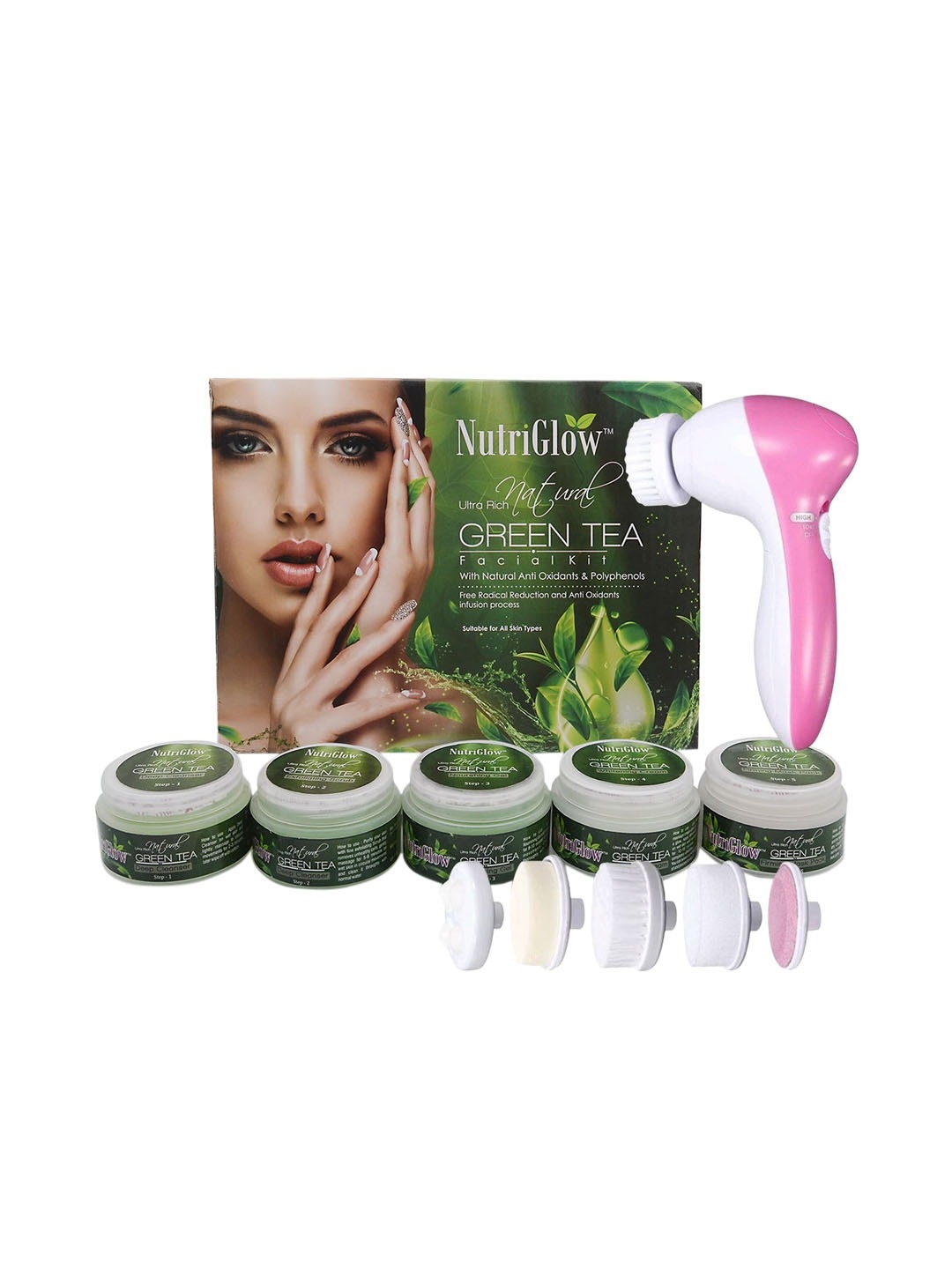 

NutriGlow Green Tea Facial Kit 250 g + 10ml with 5 in 1 Portable Face Massager, Multi