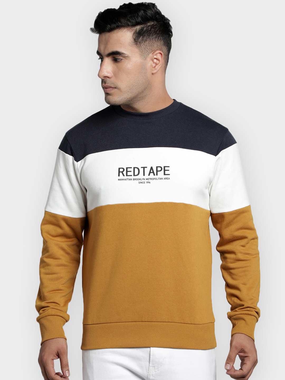 

Red Tape Men Mustard Yellow & White Colourblocked Sweatshirt