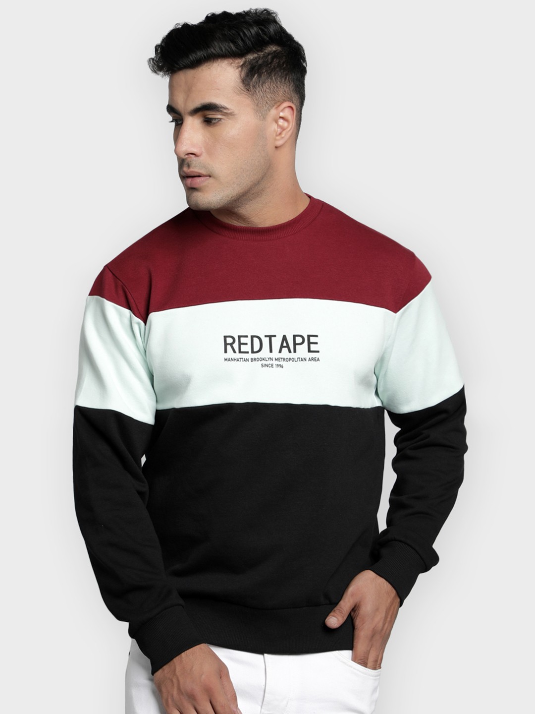 

Red Tape Men Black & White Colourblocked Sweatshirt