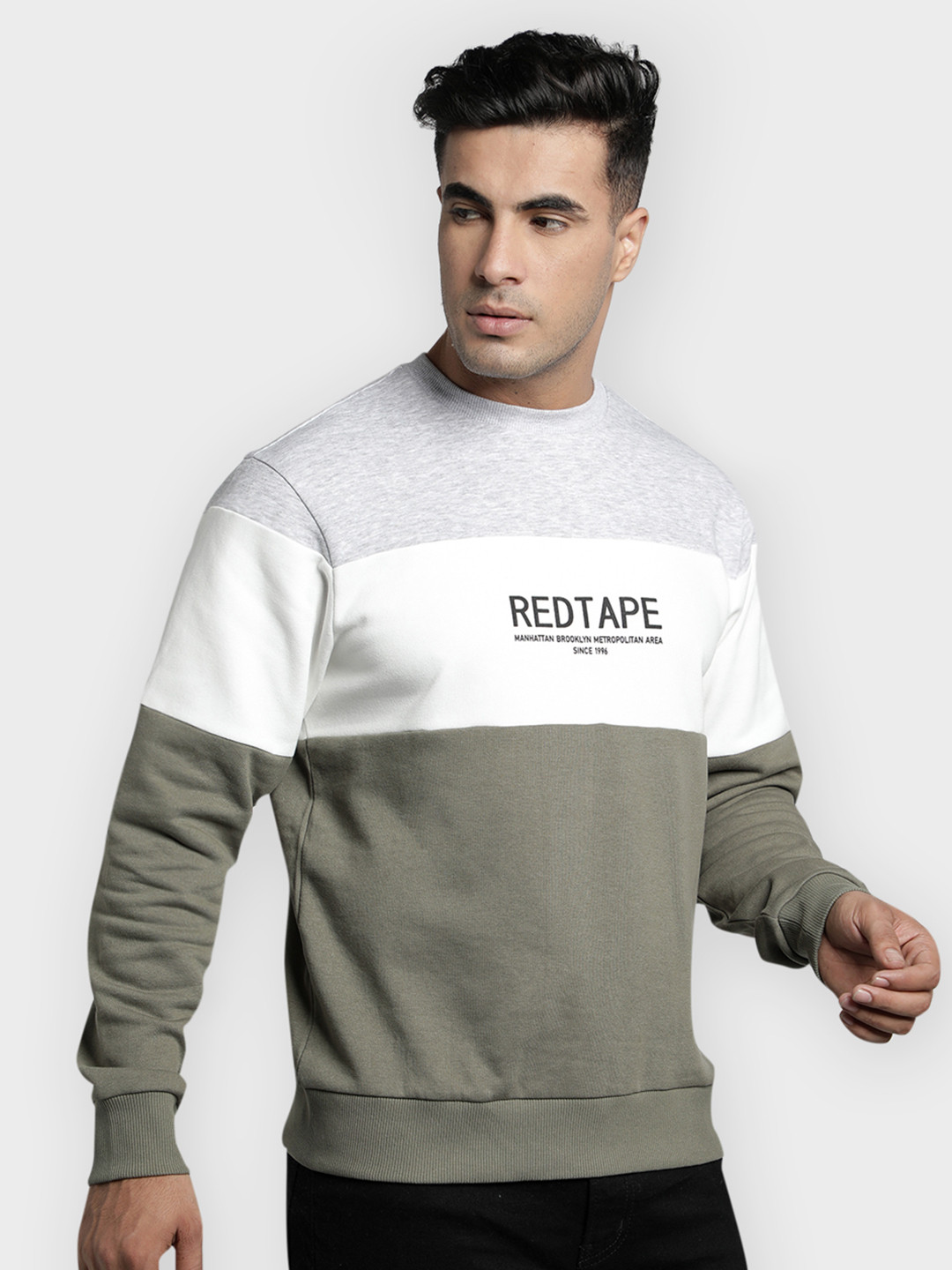 

Red Tape Men Olive Green & White Colourblocked Sweatshirt
