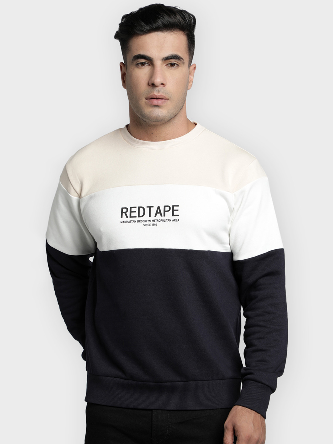 

Red Tape Men Navy Blue & Cream-Coloured Colourblocked Sweatshirt