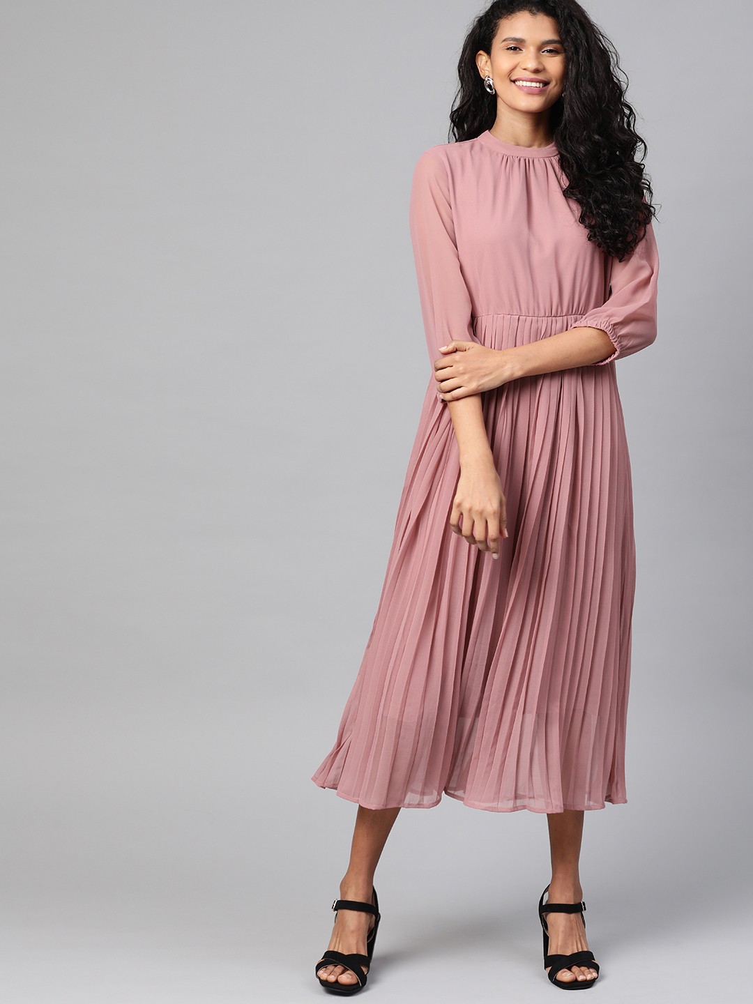 

Mast & Harbour Women Dusty Pink Solid Accordion Pleated A-Line Dress