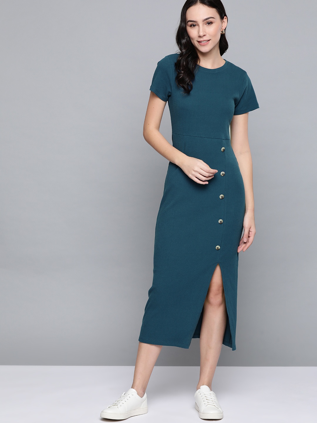 

Mast & Harbour Women Teal Blue Ribbed A-Line Dress