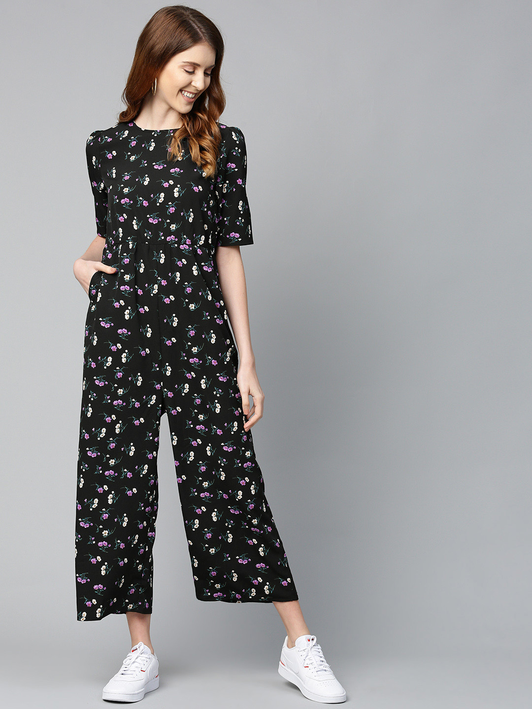 

Mast & Harbour Women Black & Purple Floral Print Basic Jumpsuit